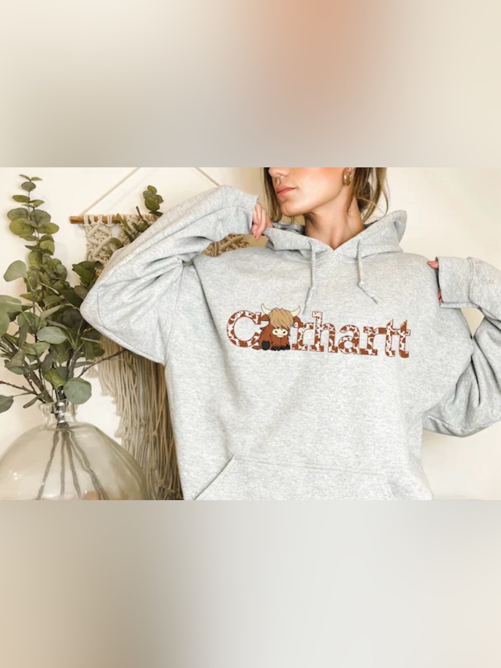 Custom Highland Cow Print Carhartt Graphic Gray Hoodie - Size M